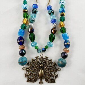 Glass bead necklace with peacock pendant, brass, excellent condition